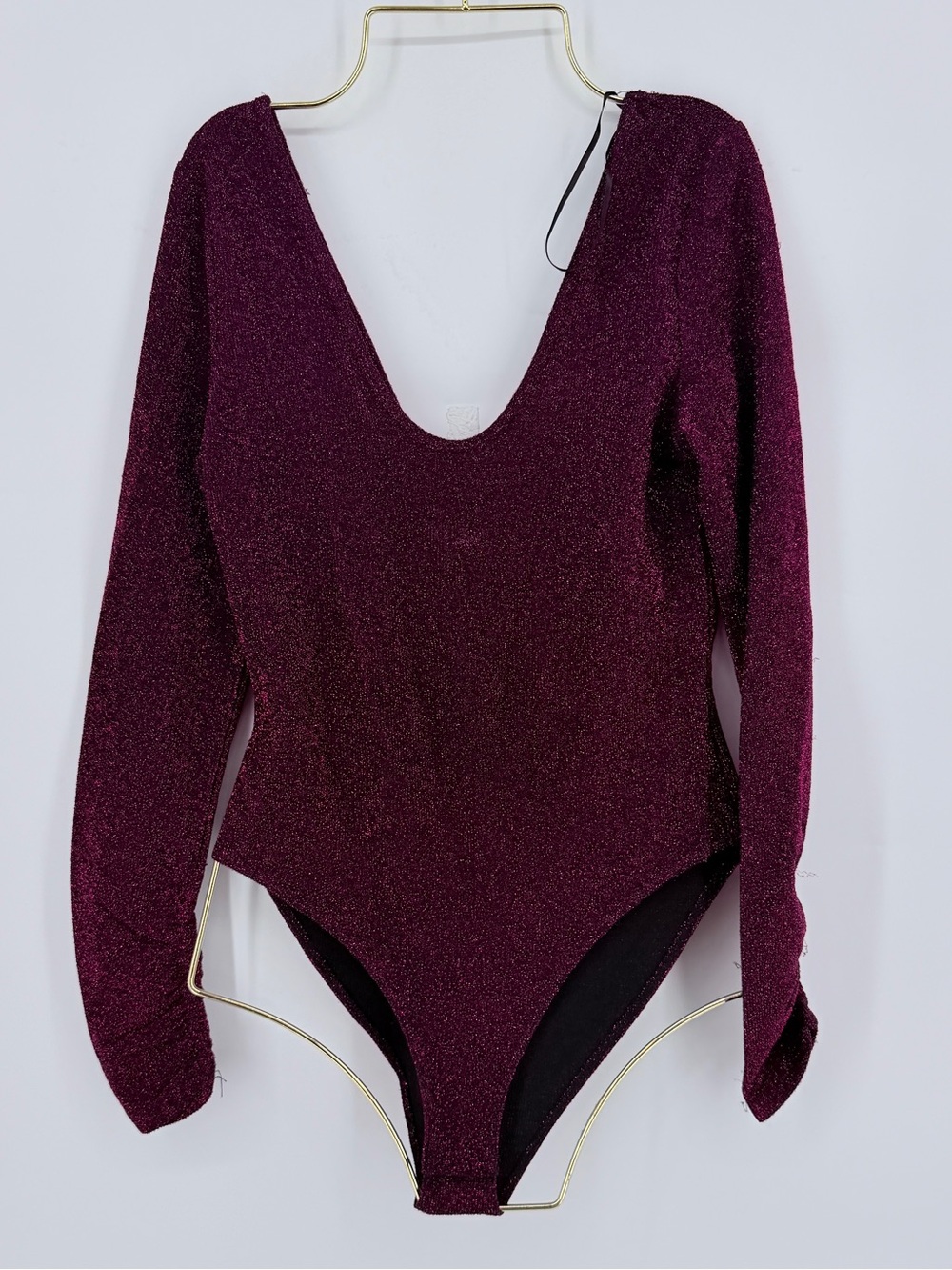 Zara Knit Metallic Magenta Long Sleeve Bodysuit Size S Deep V Sparkle